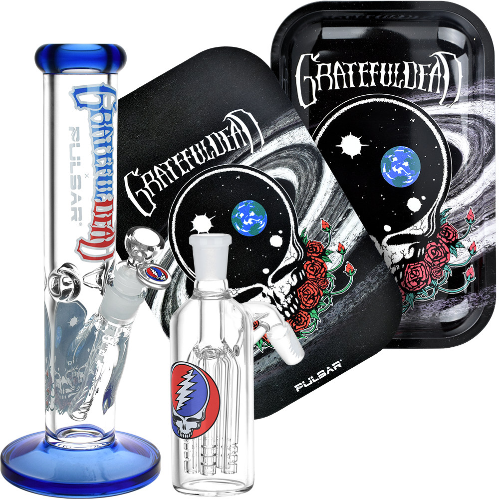 Grateful Dead Straight Tube Bong, Ash Catcher, & Rolling Tray Bundle