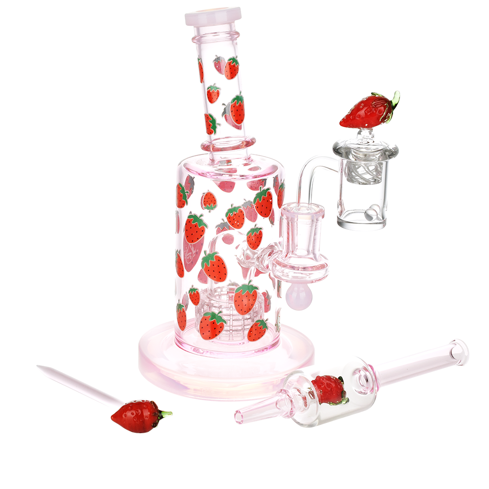 Strawberry Cough Dab Rig & Straw Duo | Pulsar Glass Fruit Series