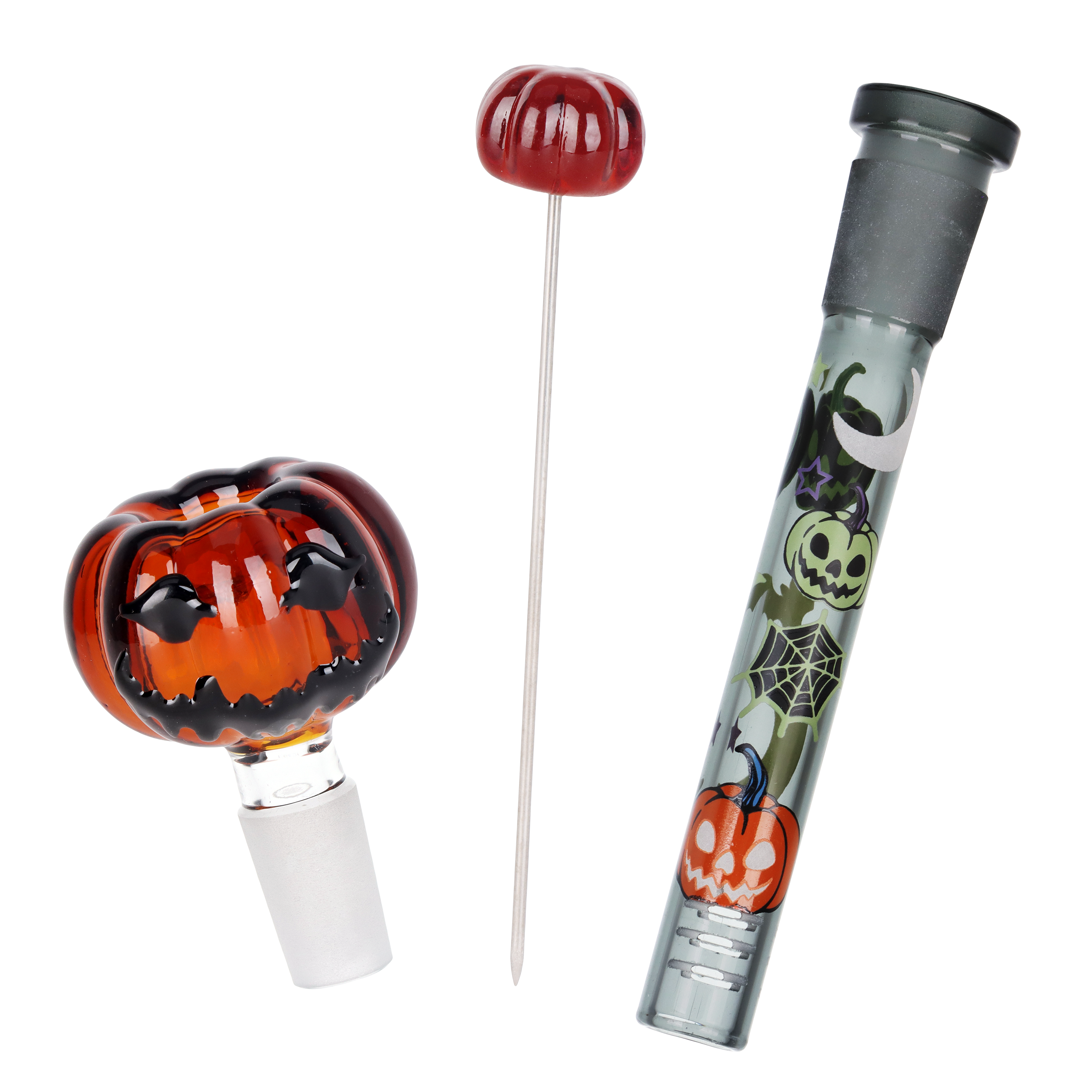 Pulsar Halloween Jamboree Beaker Herb Pipe Duo | Pumpkin Herb Slide, Poker Tool, & Matching Downstem