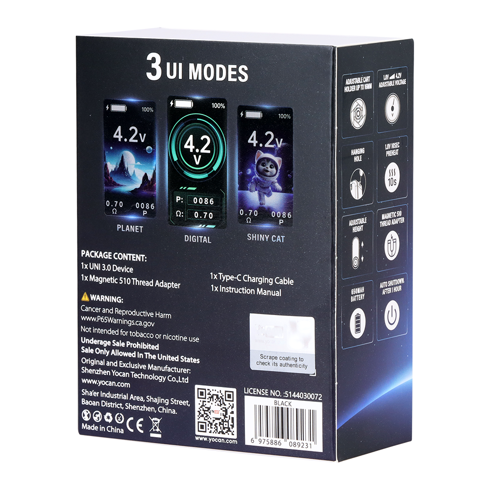Yocan UNI 3.0 Portable Box Mod | Packaging | Back View