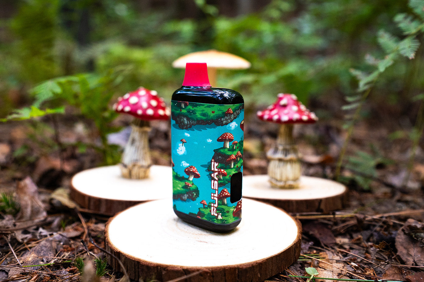 Huge pink and blue glowing mushrooms with some covert badgers popping up in the foreground.