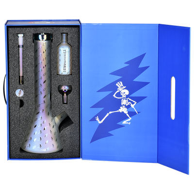 Grateful Dead x Pulsar Lightning Skellies Beaker Bong Set | Clear | Packaging Open View
