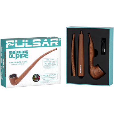 Pulsar 510 DL Wizard Pipe Auto-Draw Vape | Bewitched Briar | Packaging & Contents