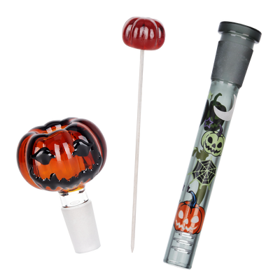 Pulsar Halloween Jamboree Beaker Herb Pipe Duo | Pumpkin Herb Slide, Poker Tool, & Matching Downstem