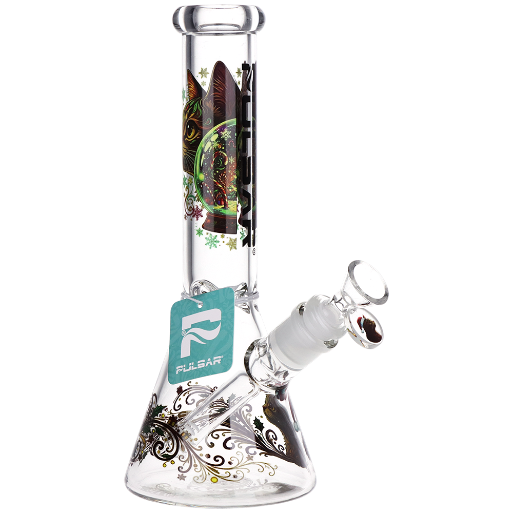 Pulsar Meowy Christmas Beaker Bong | Front View with Tag