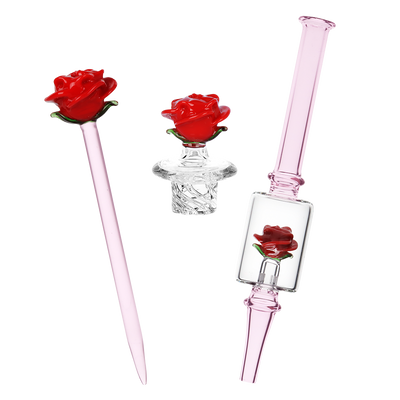 Pulsar Valentine's Rose Dab Rig Set | Dab Tool, Dab Straw, & Matching Carb Cap