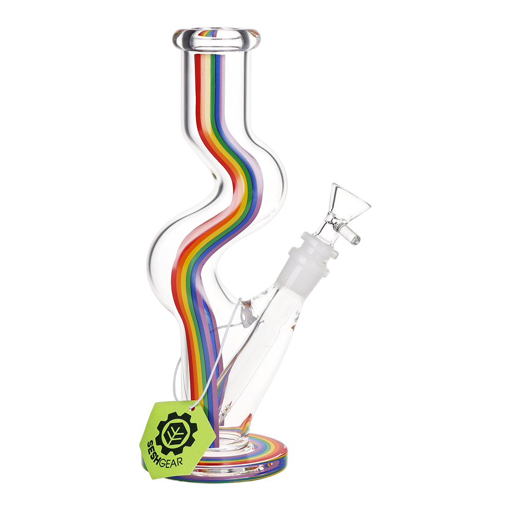 SeshGear Rainbow Wave U-Bend Tube Bong | Side View with Tag
