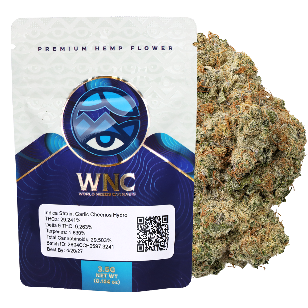WNC THCA Indoor Hydro Flower | Garlic Cheerios | 3.5 Gram Packaging