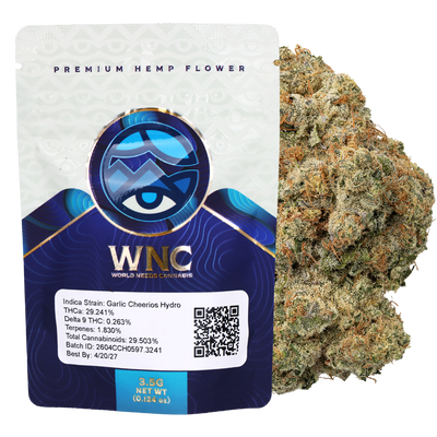 WNC THCA Indoor Hydro Flower | Garlic Cheerios | 3.5 Gram Packaging