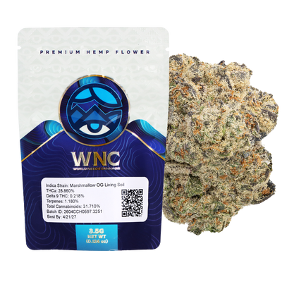 WNC THCA Indoor Living Soil Flower | Marshmallow OG | 3.5 Gram Packaging