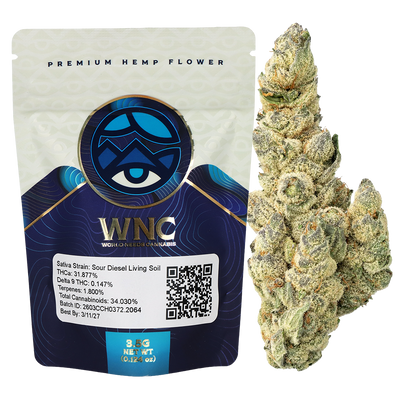 WNC THCA Indoor Living Soil Flower | Sour Diesel | Packaging