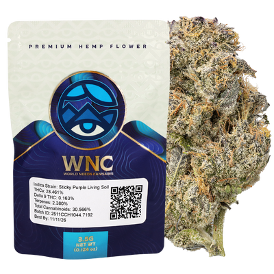 WNC THCA Indoor Living Soil Flower | Sticky Purple | 3.5 Gram Packaging